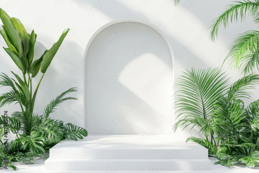 A minimalist display area with a white arch and lush greenery for presentations or events. A minimalist display area with a white arch and lush greenery for presentations or events.