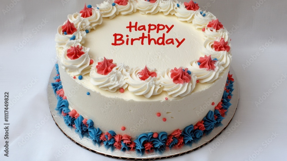 Festive round birthday cake with white frosting, red and blue decorations, and Festive round birthday cake with white frosting, red and blue decorations, and