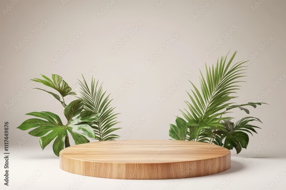 A minimalist display featuring a wooden platform surrounded by lush green plants. A minimalist display featuring a wooden platform surrounded by lush green plants.