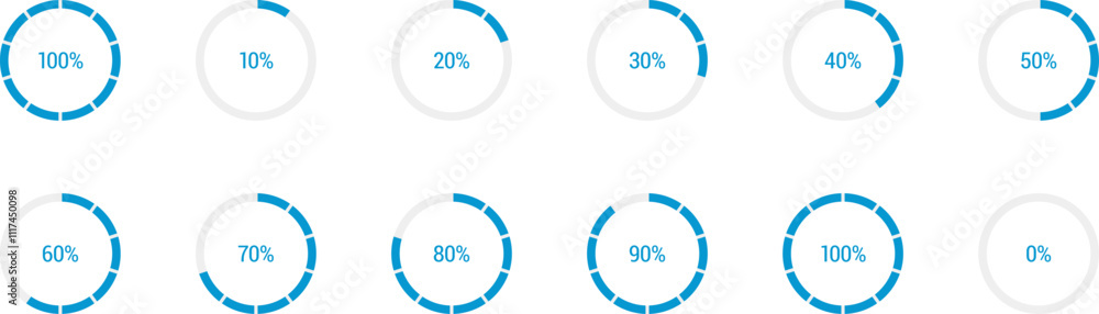 Circle shape progress indicator icons set with 10% steps. Collection Of Circular Progress Bars Timer Icon. Circle Indicators vector illustration. Circle shape progress indicator icons set with 10% steps. Collection Of Circular Progress Bars Timer Icon. Circle Indicators vector illustration.