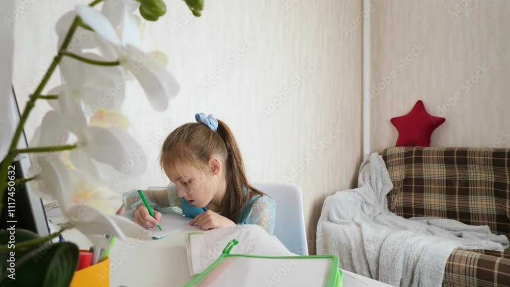 Little school girl sit at table at home write in exercise book prepare homework alone. Little school girl sit at table at home write in exercise book prepare homework alone.