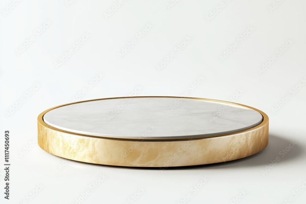 A round display stand with a marble top and gold trim, ideal for showcasing products. A round display stand with a marble top and gold trim, ideal for showcasing products.