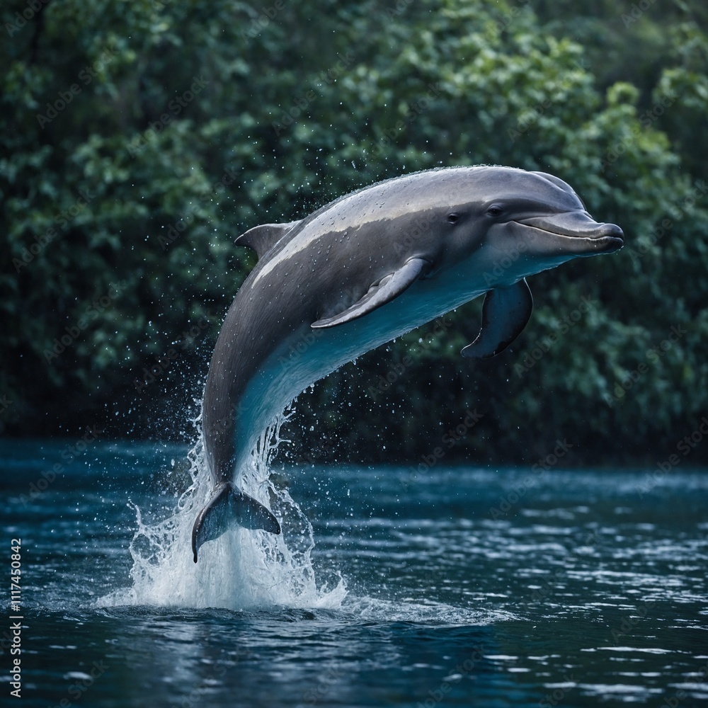 Obraz premium A river dolphin jumping, captured with droplets glistening in the blue-white light.