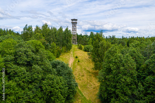 Wooden observation tower in Paganamaa, Rouge Parish, Estonia, aerial view