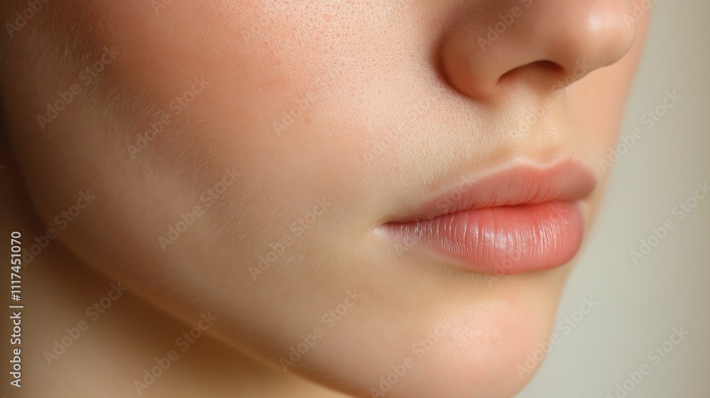 Obraz premium Close-up of a Woman's Face: Soft, natural beauty with a focus on healthy skin, full lips, and a delicate jawline. Perfect for beauty, skincare, or cosmetic advertising. 