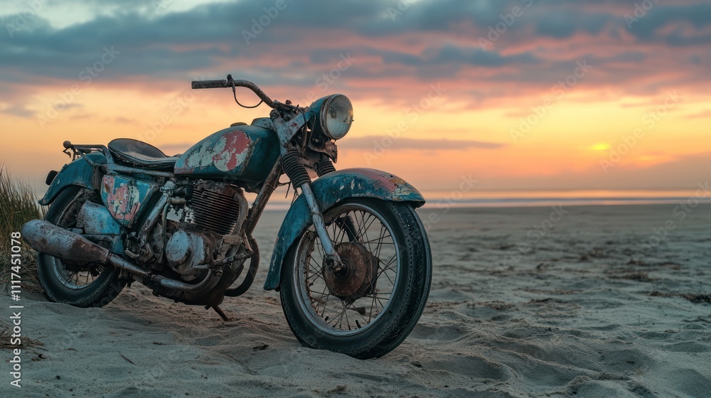 A motorbike with peeling decals and a dented side panel, abandoned on a sandy beach at twilight, A motorbike with peeling decals and a dented side panel, abandoned on a sandy beach at twilight,