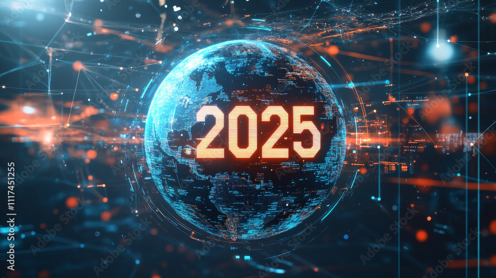 2025 New Year with glowing 2025 digits over Earth globe on dark blue background. Global vision, modern design, futuristic concept, international connection. Low polygonal abstract vector illustration 2025 New Year with glowing 2025 digits over Earth globe on dark blue background. Global vision, modern design, futuristic concept, international connection. Low polygonal abstract vector illustration