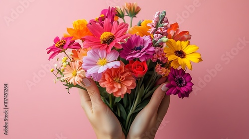 Colorful flower bouquet held in hands studio close-up nature