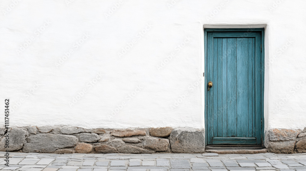 White wall with a rustic blue wooden door and stone base, evoking a minimalist and serene atmosphere. White wall with a rustic blue wooden door and stone base, evoking a minimalist and serene atmosphere.