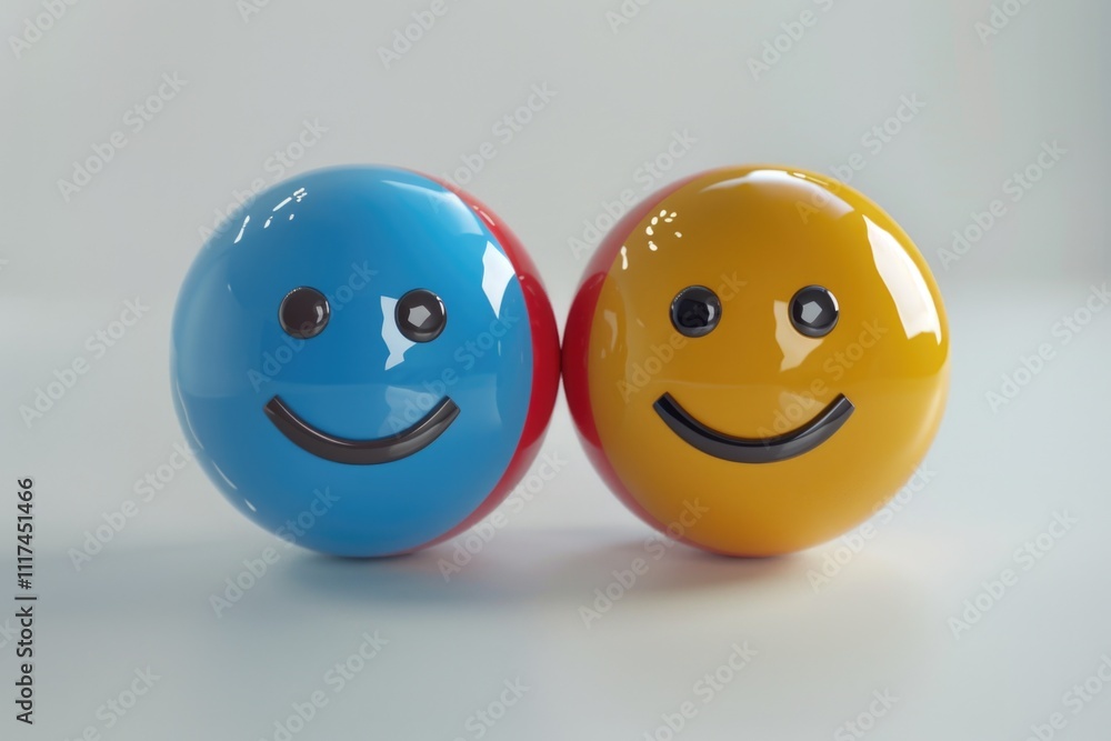 Fototapeta premium A pair of colorful mood balls with painted smiley faces. One is blue and the other is red, providing two different expressions of happiness.
