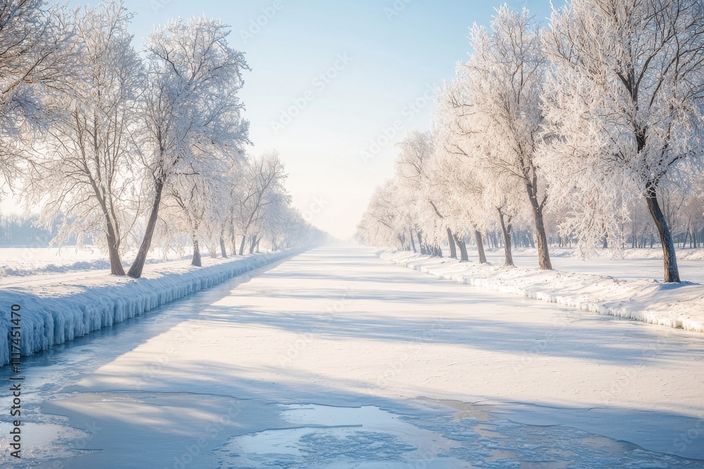 A serene winter landscape featuring a frozen canal lined with frosted trees.