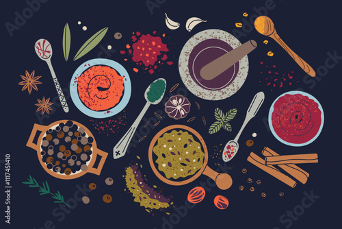 Vector illustration of spices and herbs composition on black background. Flat cartoon design with pepper, garlic, cinnamon, star anise, basil, and spice blends in bowls and decorative spoons