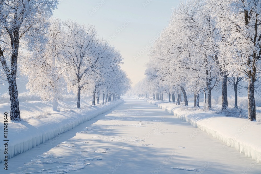 Obraz premium A serene winter landscape with snow-covered trees lining a frozen canal.