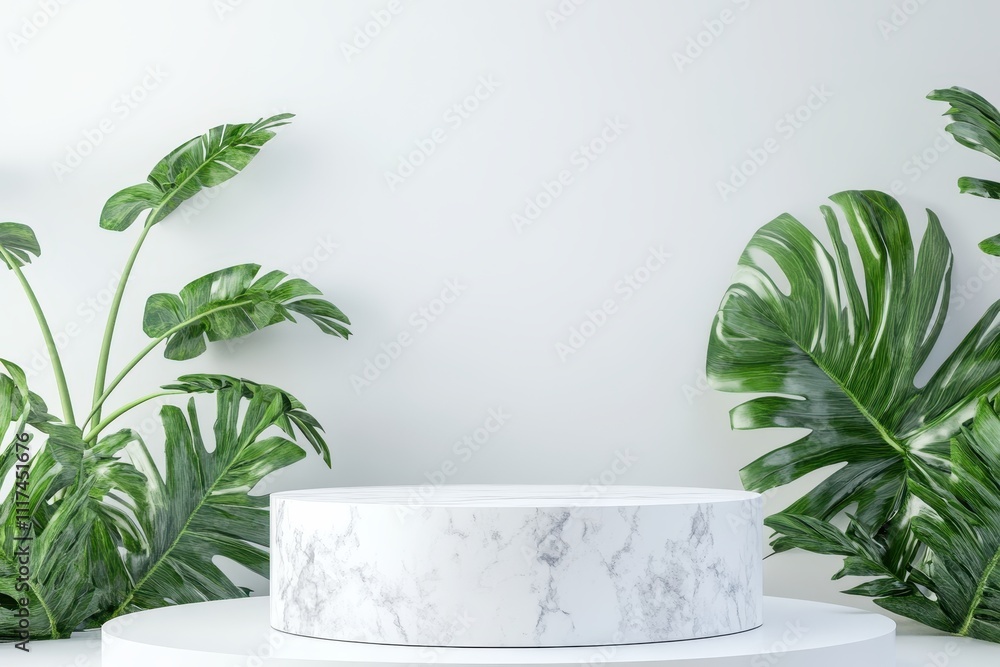 A minimalist display with a marble pedestal surrounded by tropical plants. A minimalist display with a marble pedestal surrounded by tropical plants.