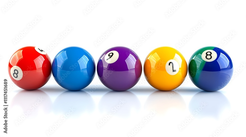 Colorful Pool Balls in a Row on White Background Colorful Pool Balls in a Row on White Background