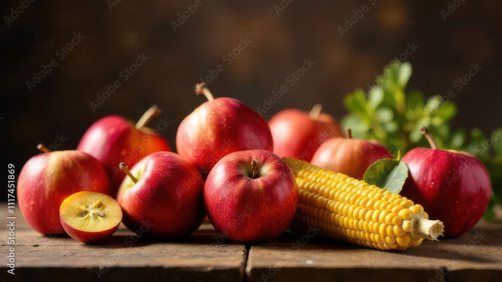 Red apples and corn on rustic wooden table with greenery in background Red apples and corn on rustic wooden table with greenery in background