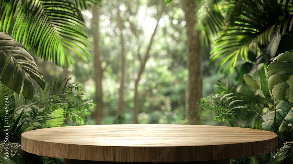Fototapeta premium Wood podium table top outdoors blur green monstera tropical forest plant nature backgroundbeauty cosmetic healthy natural product placement pedestal displayspring or summer jungle para