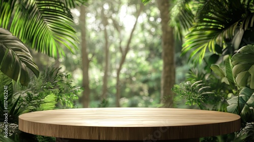 Wood podium table top outdoors blur green monstera tropical forest plant nature backgroundbeauty cosmetic healthy natural product placement pedestal displayspring or summer jungle para  photo