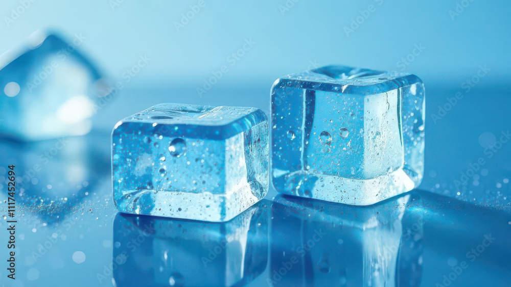 Close-up of two transparent ice cubes on a reflective surface Close-up of two transparent ice cubes on a reflective surface