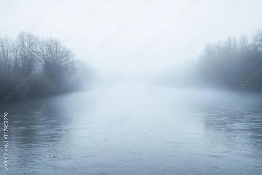A serene river shrouded in fog, creating a tranquil atmosphere. A serene river shrouded in fog, creating a tranquil atmosphere.