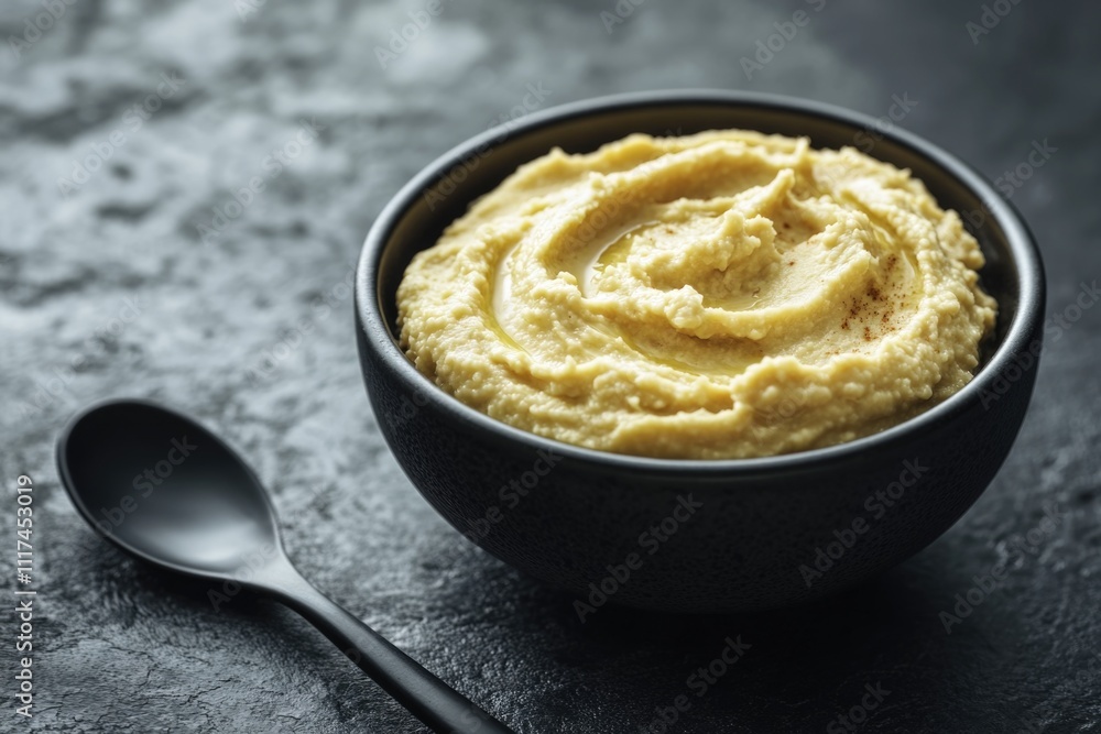 A bowl of hummus with a spoon next to it, perfect for dipping. A bowl of hummus with a spoon next to it, perfect for dipping.
