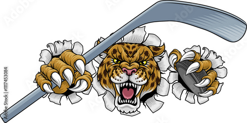A jaguar, panther, leopard or cheetah wildcat spotted cat hockey sports team mascot holding an ice hockey puck and stick