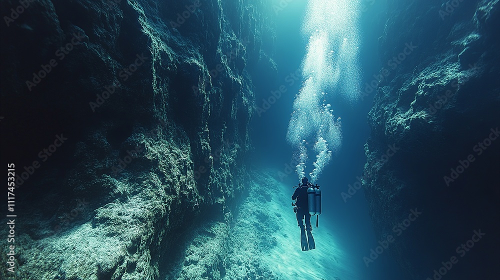 scuba diver swimming in front of the edge of the Mariana Trench scuba diver swimming in front of the edge of the Mariana Trench