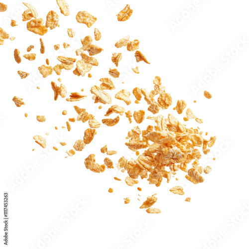 golden breakfast cereal flakes flying in motion isolated on transparent background cutout cutout, food advertising photo