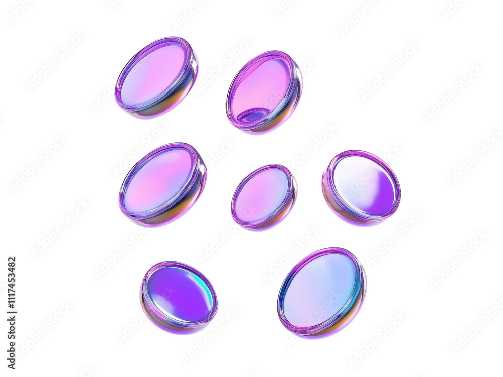 set of flying holographic iridescent purple coins, 3d render isolated on white or transparent background for cryptocurrency, digital design