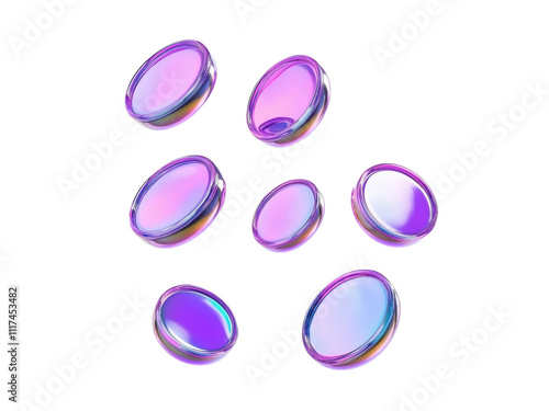 set of flying holographic iridescent purple coins, 3d render isolated on white or transparent background for cryptocurrency, digital design