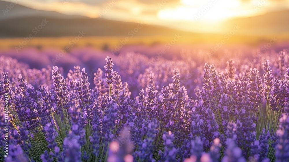 Fototapeta premium Vibrant lavender field at sunset.