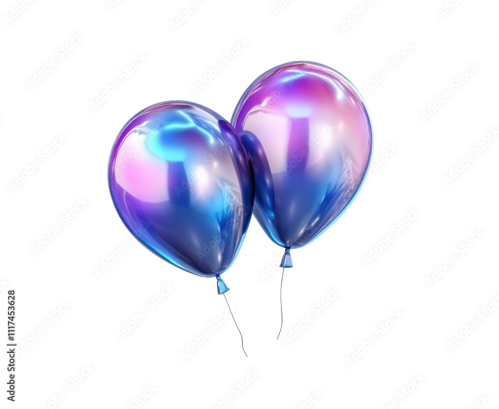 two blue purple holographic balloons iridescent 3d render icon isolated on transparent or white background, clipping path
