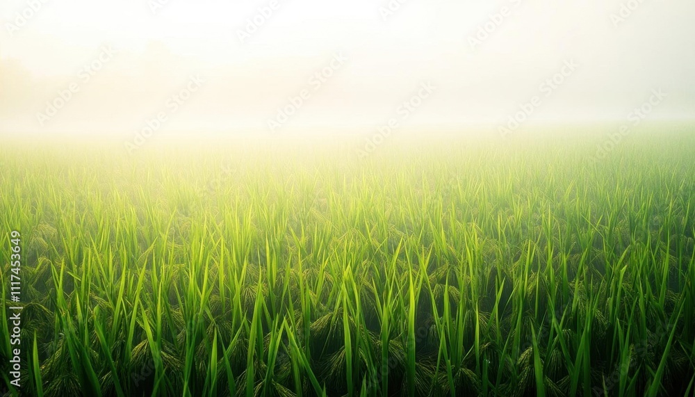 Lush green rice field shrouded in morning mist, evoking tranquility. Lush green rice field shrouded in morning mist, evoking tranquility.