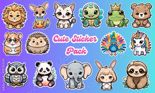 Cute kawai style sticker pack, animal cartoon sticker set.