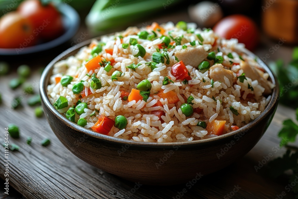 Flavorful fried rice with chicken, green onions, and chili, served in a rustic black bowl. Flavorful fried rice with chicken, green onions, and chili, served in a rustic black bowl.