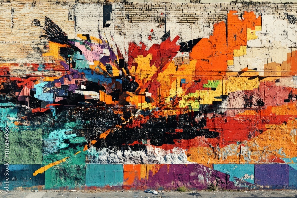 Naklejka premium This is a vibrant and colorful mural painted on the side of a building. It features dynamic splatters and graffiti-like elements, creating an energetic urban scene.