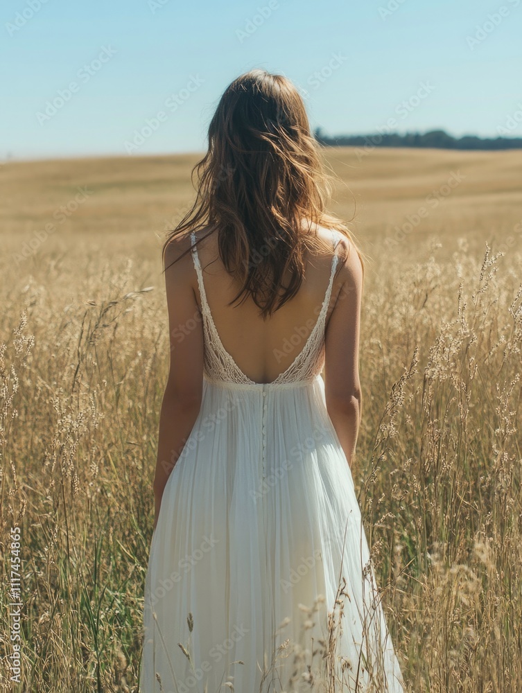 A young woman standing in a field wearing a flowing, white summer dress. Her back is turned to the viewer as she looks out over the prairie landscape. A young woman standing in a field wearing a flowing, white summer dress. Her back is turned to the viewer as she looks out over the prairie landscape.