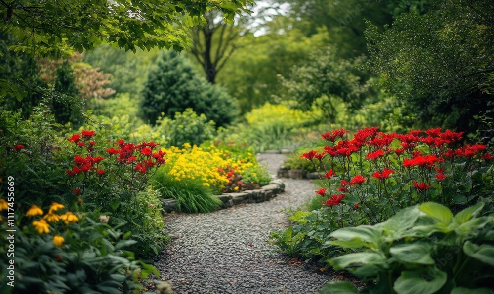 A serene garden path surrounded by vibrant flowers and lush greenery. A serene garden path surrounded by vibrant flowers and lush greenery.