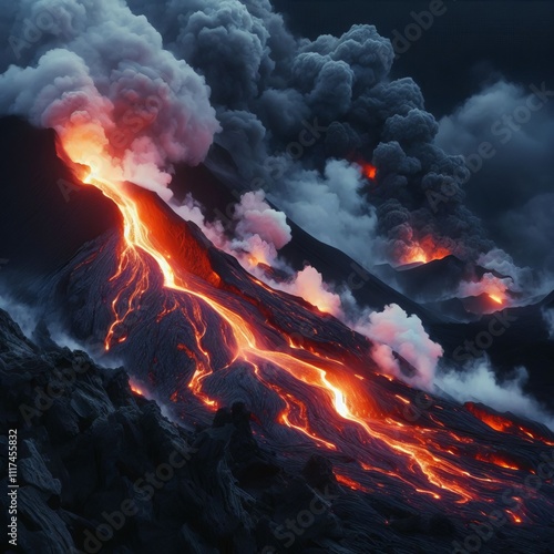 78 Volcanic Lava Flow Glowing molten lava streaming down rocky s photo