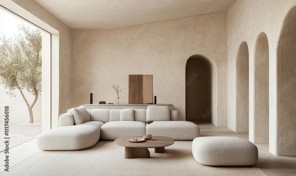 Fototapeta premium A minimalist living room with soft furniture and natural light.