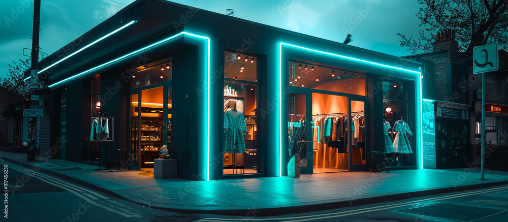 Chic boutique with a charcoal exterior and eye-catching neon teal lights. The vivid and modern design makes for a striking, high-definition urban image Chic boutique with a charcoal exterior and eye-catching neon teal lights. The vivid and modern design makes for a striking, high-definition urban image