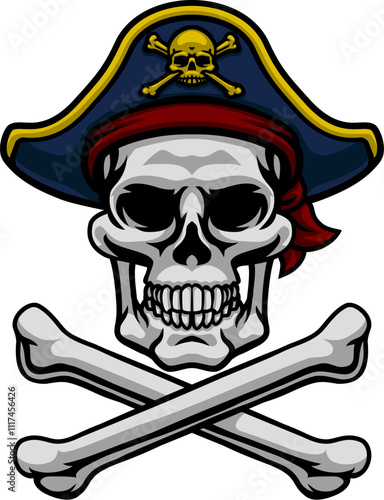 A pirate skull and crossbones jolly roger grim reaper cartoon wearing captain a hat and eye patch