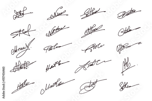 Handwritten Collection of Fake Scribble Signature in Ink. Handwritten set of inked autographs. Collection of imaginary scribble signatures. 