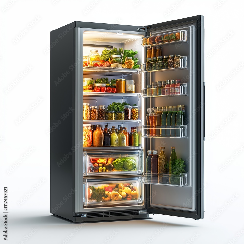 A refrigerator door that turns transparent when tapped, displaying food inventory, expiration dates, and meal suggestions , isolated on a white background , High quality , No blur A refrigerator door that turns transparent when tapped, displaying food inventory, expiration dates, and meal suggestions , isolated on a white background , High quality , No blur
