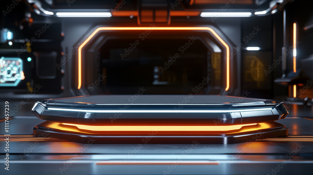 Ai realistic podium with glowing neon lamps and light lines in futuristic gaming design. Display scene game for presentation gamer. Empty show room with 3d stage vector background. Ai realistic podium with glowing neon lamps and light lines in futuristic gaming design. Display scene game for presentation gamer. Empty show room with 3d stage vector background.
