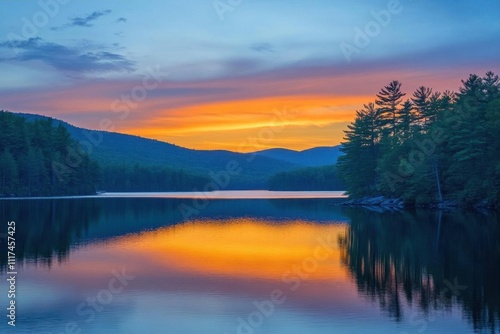 Wallpaper Mural Serene sunset over a calm lake surrounded by mountains and trees. Torontodigital.ca