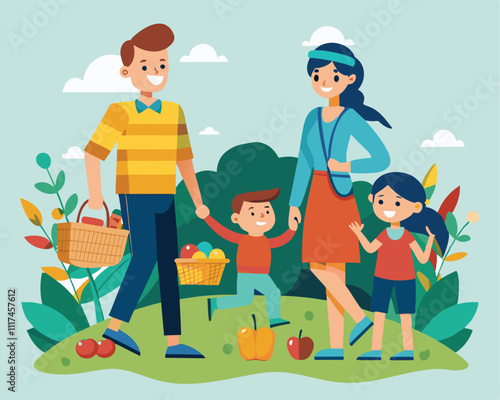 family going to picnic outing holiday vacation travel vector illustration graphic design artwork