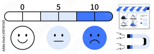 Rating bar with numbers 0, 5, and 10 above three face icons happy, neutral, sad next to e-commerce interface and magnet. Ideal for customer feedback, e-commerce, user experience, surveys marketing