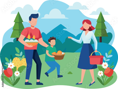 family going to picnic outing holiday vacation travel vector illustration graphic design artwork