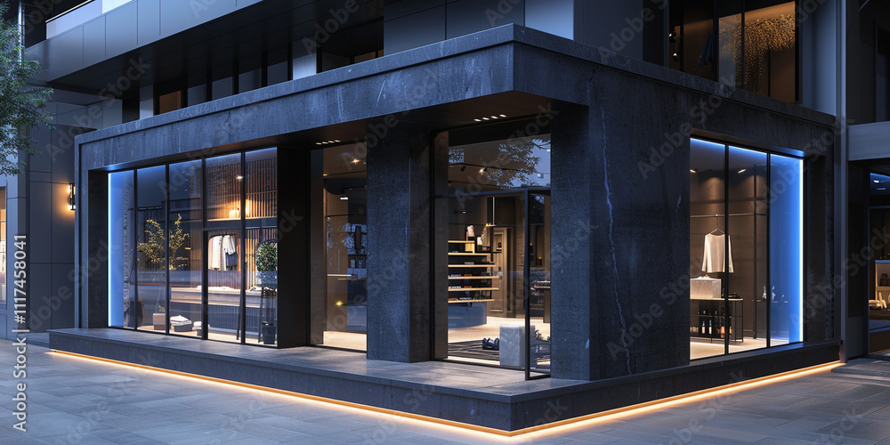 Chic boutique with a modern black and grey facade, enhanced by gentle indigo lighting. The design creates a seamless dusk effect in the urban setting Chic boutique with a modern black and grey facade, enhanced by gentle indigo lighting. The design creates a seamless dusk effect in the urban setting